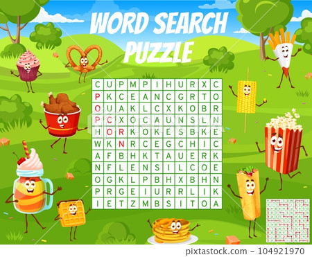 Word search puzzle game, cartoon fast food and desserts characters, vector kids quiz. Funny popcorn, potato fries and burrito with waffles and muffin cupcake on word search grid or game worksheet Word search puzzle game, cartoon fast food and desserts characters, vector kids quiz. Funny popcorn, potato fries and burrito with waffles and muffin cupcake on word search grid or game worksheet 104921970