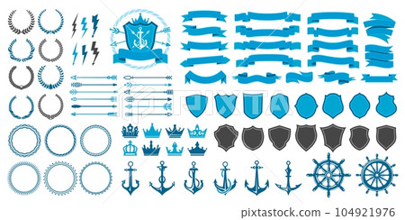 Vintage badge, seal, laurel wreath and crown, arrow, anchor and shield vector objects. Marine, nautical or naval heraldic symbols and heraldry signs for royal yacht club with ship anchor and helm Vintage badge, seal, laurel wreath and crown, arrow, anchor and shield vector objects. Marine, nautical or naval heraldic symbols and heraldry signs for royal yacht club with ship anchor and helm 104921976