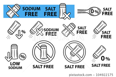 Salt free, low sodium sulfate, no salty diet food, crossed glass spice shaker bottle line icon set. Not added saline seasoning. Natural cooking nutrition eating product. Stop prohibition vector sign Salt free, low sodium sulfate, no salty diet food, crossed glass spice shaker bottle line icon set. Not added saline seasoning. Natural cooking nutrition eating product. Stop prohibition vector sign 104922175