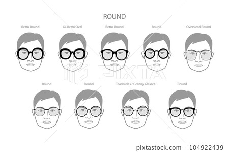 Set of Round frame glasses on men face character fashion accessory illustration. Sunglass front view, unisex silhouette 104922439