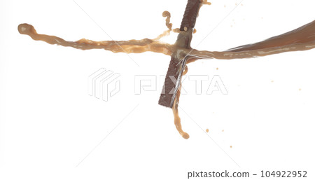 Milk Chocolate pouring down in Shape form line. Chocolate cocoa snack stick attack fluttering explosion in air. White background isolated, stop motion freeze shot. Milk Chocolate pouring down in Shape form line. Chocolate cocoa snack stick attack fluttering explosion in air. White background isolated, stop motion freeze shot. 104922952