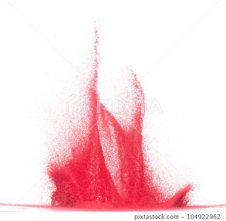 Small size red Sand flying explosion, blood sands grain wave explode. Abstract cloud fly. Red colored sand splash throwing in Air. White background Isolated high speed shutter, throwing freeze stop 104922962
