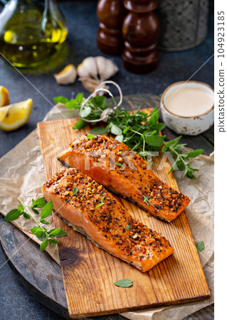 Cedar plank roasted salmon Cedar plank roasted salmon 104923185