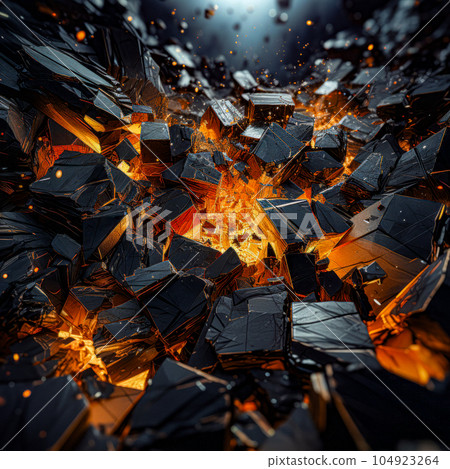 Abstract falling apart shattered black rock wallpaper explosion. Futuristic abstract background with low poly shapes, glowing particles. Cracked wall with a bright fire inside, abstract background. 104923264