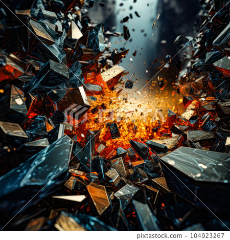 Abstract falling apart shattered black rock wallpaper explosion. Futuristic abstract background with low poly shapes, glowing particles. Cracked wall with a bright fire inside, abstract background. Abstract falling apart shattered black rock wallpaper explosion. Futuristic abstract background with low poly shapes, glowing particles. Cracked wall with a bright fire inside, abstract background. 104923267
