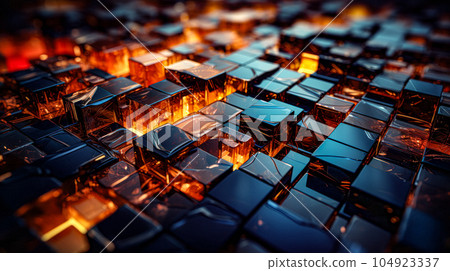 Cracked wall with a bright fire inside, abstract background. Futuristic abstract background with low poly shapes, glowing particles. Abstract falling apart shattered black rock wallpaper explosion. 104923337