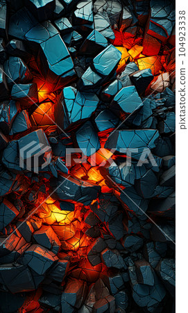 Cracked wall with a bright fire inside, abstract background. Futuristic abstract background with low poly shapes, glowing particles. Abstract falling apart shattered black rock wallpaper explosion. 104923338