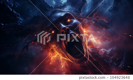 Angry demon yelling. Angry creature from hell with a growl, screaming. Beast causes chaos and destruction on a fire background. Fictional scary character crying in pain. 104923648