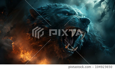 Furious bear in the fire of destruction. Angry furry brown bear with a growl giving a death stare. Beast bear causes chaos and destruction on a fire background. Fictional scary character with a grin. Furious bear in the fire of destruction. Angry furry brown bear with a growl giving a death stare. Beast bear causes chaos and destruction on a fire background. Fictional scary character with a grin. 104923650