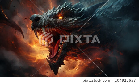 Mad dragon destroying the world. Angry reptile with a growl giving a death stare. Chinese dragon causes chaos and devastation on a flame background. Fictional scary character with a grin. 104923658