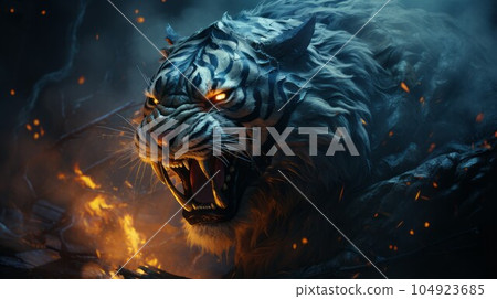 Furious tiger in the fire of destruction. Angry furry tiger with a growl giving a death stare. Cat like beast causes chaos and destruction on a fire background. Fictional scary character with a grin. Furious tiger in the fire of destruction. Angry furry tiger with a growl giving a death stare. Cat like beast causes chaos and destruction on a fire background. Fictional scary character with a grin. 104923685