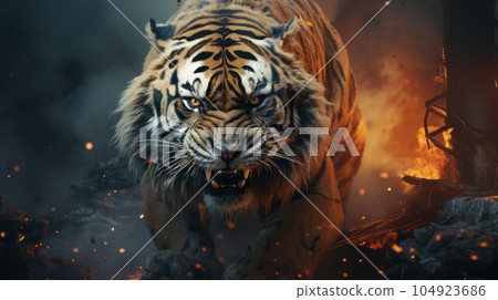 Furious tiger in the fire of destruction. Angry furry tiger with a growl giving a death stare. Cat like beast causes chaos and destruction on a fire background. Fictional scary character with a grin. 104923686