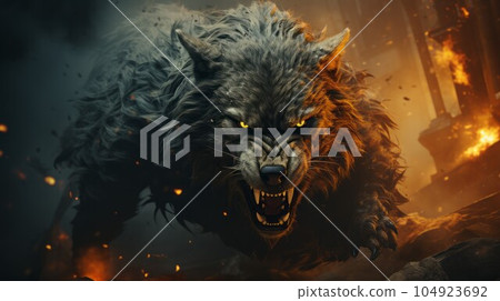Furious wolf in the fire of destruction. Angry furry wolf with a growl giving a death stare. Beast causes chaos and destruction on a fire background. Fictional scary character with a grin on its face. Furious wolf in the fire of destruction. Angry furry wolf with a growl giving a death stare. Beast causes chaos and destruction on a fire background. Fictional scary character with a grin on its face. 104923692