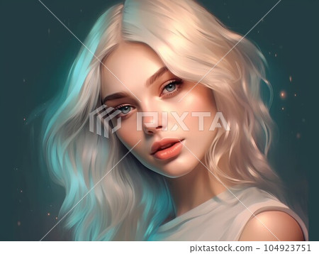 3d render of Portrait of a beautiful blonde girl with  long white hair and blue eyes. Oil Portrait of a sensual girl. Face of a attractive blonde young woman looking at camera. Vector illustration. 104923751
