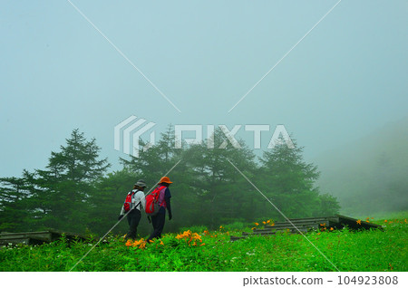 Hiker going through Kirifuri Kogen 104923808