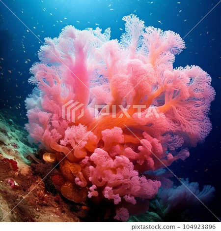 View from below of a beautiful colorful coral reef with a water column through which sunlight breaks through. Colorful Tropical coral reef and fish in the Sea.  Pink coral reef in the deep blue ocean. 104923896