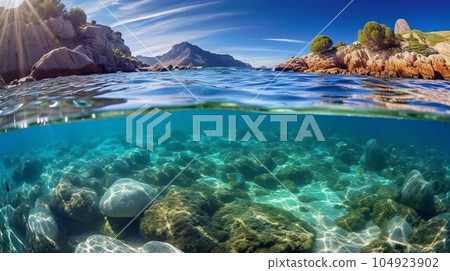 Underwater view of the rocks  in the Mediterranean Sea.  Beautiful seascape with turquoise sea water. Composition of nature. Beautiful seascape with crystal clear water. 3d render 104923902