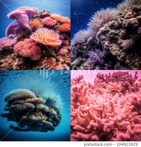 Collage of underwater images of coral reefne life. 3d render. Collage of underwater images of pink coral reef and sea anemones. 104923929