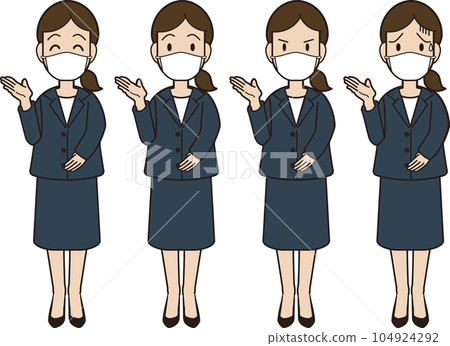 A young woman in a suit wearing a mask Here is the hand guidance introduction 104924292