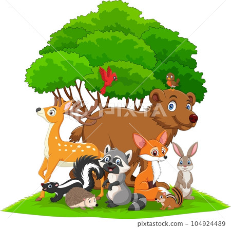Cartoon funny wild animals near the tree 104924489