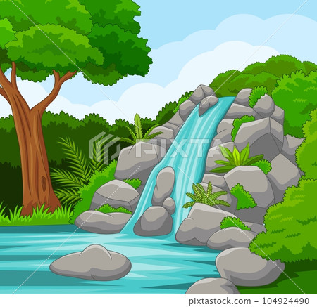 River stream flowing through rocks to mountain lake 104924490