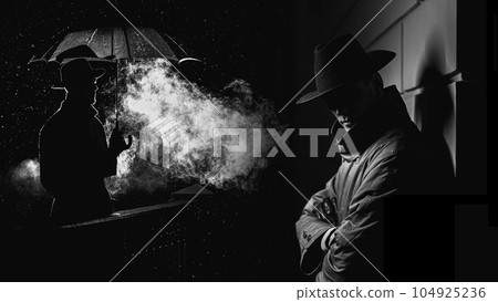 man spy detective in a dark rainy city at night in the noir style 104925236