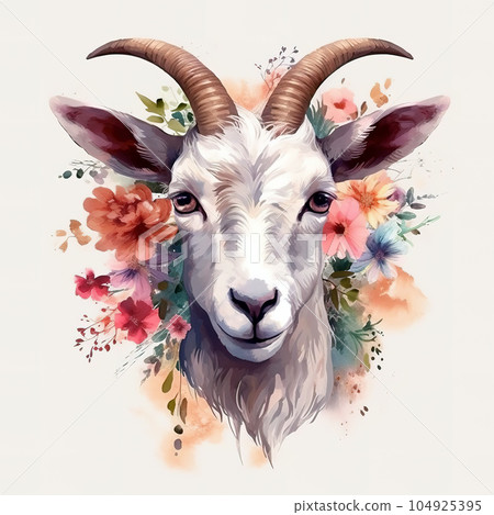 Image of a goat surrounded by colorful tropical flowers. Wildlife Animals. Illustration, Generative AI. 104925395