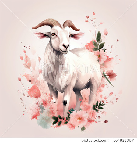 Image of a goat surrounded by colorful tropical flowers. Wildlife Animals. Illustration, Generative AI. 104925397