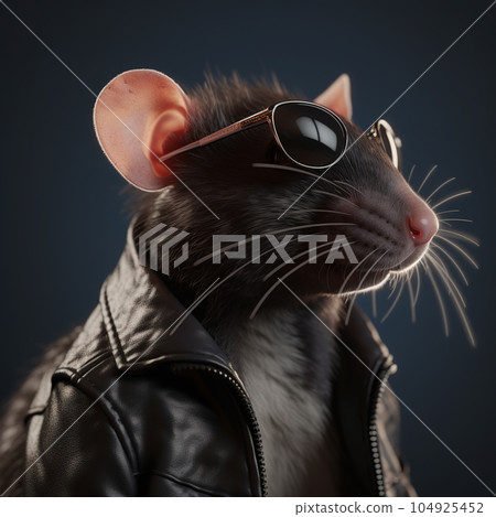 Image of a rat wore a leather jacket and wore sunglasses on clean background. Wildlife Animals. Illustration, Generative AI. Image of a rat wore a leather jacket and wore sunglasses on clean background. Wildlife Animals. Illustration, Generative AI. 104925452