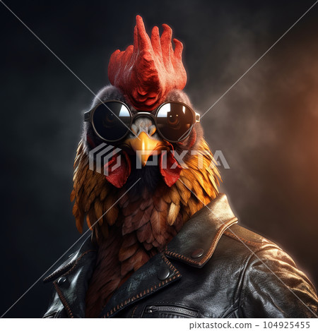 Image of rooster wore sunglasses and wore a black leather jacket on clean background. Farm animals. Illustration, Generative AI. 104925455