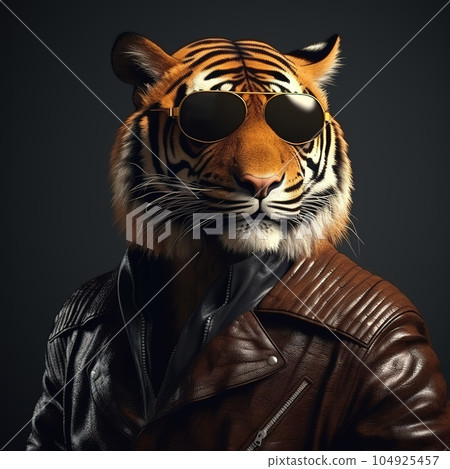 Image of a tiger wore a leather jacket and wore sunglasses on clean background. Wildlife Animals. Illustration, Generative AI. 104925457