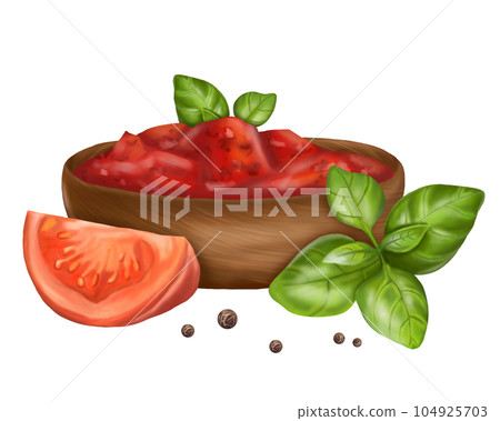 Composition of a cup of tomato sauce, fresh red tomatoes, ripe basil leaves and black pepper. Digital illustration on a white background. For packaging design, postcards, prints, banners Composition of a cup of tomato sauce, fresh red tomatoes, ripe basil leaves and black pepper. Digital illustration on a white background. For packaging design, postcards, prints, banners 104925703