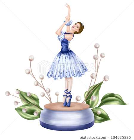 A prima ballerina dancing on a pedestal in an elegant blue tutu and pointe shoes. A girl on tiptoe. A performance in the theater, a music box with a statuette. Isolated digital illustration 104925820
