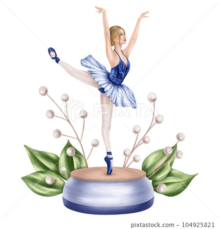 A prima ballerina dancing on a pedestal in an elegant blue tutu and pointe shoes. A girl on tiptoe. A performance in the theater, a music box with a statuette. Isolated digital illustration 104925821