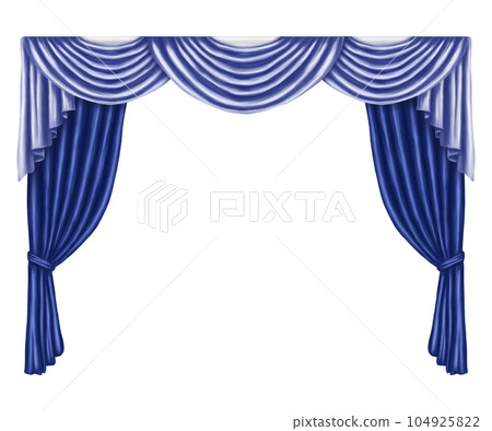 Arch of blue curtains made of satin, silk, fabric. Digital illustration on a white background. Decorative element for windows and doors in the interior of a house, dance hall, theater 104925822