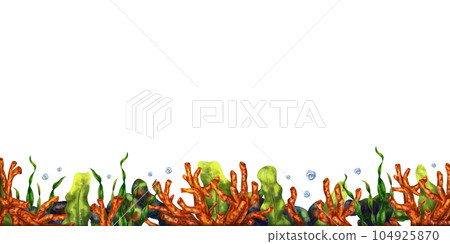 Horizontal marine frame made of tropical fish, corals, algae, stones. Underwater world, digital illustration on a white background. For design, packaging, posters, postcards, textile souvenirs Horizontal marine frame made of tropical fish, corals, algae, stones. Underwater world, digital illustration on a white background. For design, packaging, posters, postcards, textile souvenirs 104925870