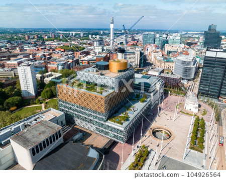 Aerial view of the library of Birmingham, Baskerville House, Centenary Square, Birmingham, West Midlands, England, United Kingdom. 104926564
