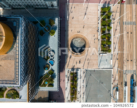 Aerial view of the library of Birmingham, Baskerville House, Centenary Square, Birmingham, West Midlands, England, United Kingdom. Aerial view of the library of Birmingham, Baskerville House, Centenary Square, Birmingham, West Midlands, England, United Kingdom. 104926572