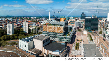 Aerial view of the library of Birmingham, Baskerville House, Centenary Square, Birmingham, West Midlands, England, United Kingdom. Aerial view of the library of Birmingham, Baskerville House, Centenary Square, Birmingham, West Midlands, England, United Kingdom. 104926596