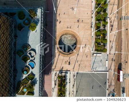 Aerial view of the library of Birmingham, Baskerville House, Centenary Square, Birmingham, West Midlands, England, United Kingdom. Aerial view of the library of Birmingham, Baskerville House, Centenary Square, Birmingham, West Midlands, England, United Kingdom. 104926623