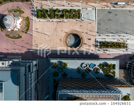 Aerial view of the library of Birmingham, Baskerville House, Centenary Square, Birmingham, West Midlands, England, United Kingdom. 104926631