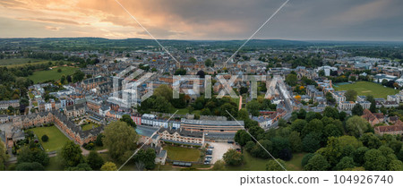 Aerial view over the city of Oxford with Oxford University and other medieval buildings. Travel photography concept. 104926740
