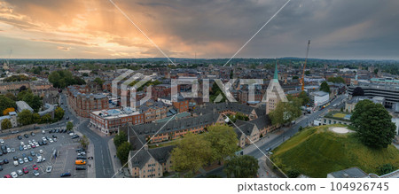 Aerial view over the city of Oxford with Oxford University and other medieval buildings. Travel photography concept. 104926745