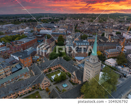 Aerial view over the city of Oxford with Oxford University and other medieval buildings. Travel photography concept. Aerial view over the city of Oxford with Oxford University and other medieval buildings. Travel photography concept. 104926792