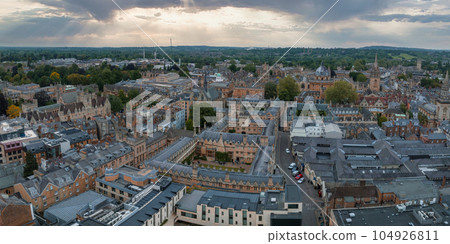 Aerial view over the city of Oxford with Oxford University and other medieval buildings. Travel photography concept. 104926811