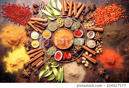 Spices and herbs in wooden bowls. Food and cuisine ingredients 104927577