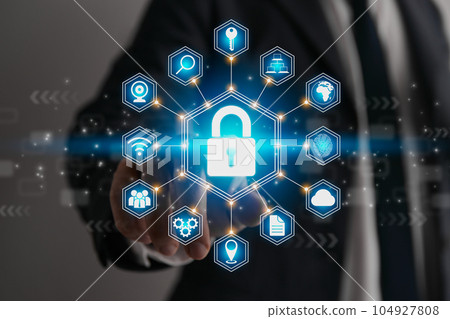 Businessman Hand and Finger Touching Screen and Hexagonal Blue Lock Security Sign 104927808