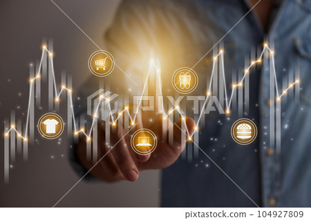 Casual Businessman Hand and Finger Press or Touch Stock Graph and Online Products 104927809