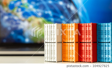 Global business container ship in import export business logistic, Company cargo freight shipping delivery logistic technology business, Container box on computer laptop notebook supply chain service. 104927825