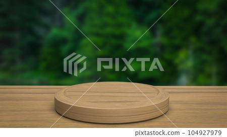 The wood table and Green forest Background 3d rendering The wood table and Green forest Background 3d rendering 104927979
